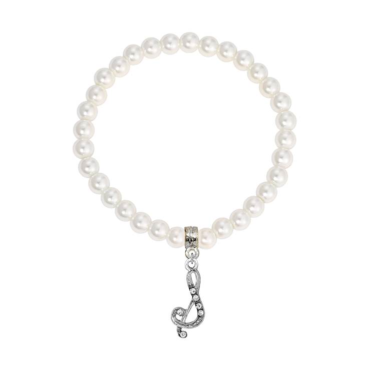 White Faux Pearl Bead Initial Charm Stretch Bracelet