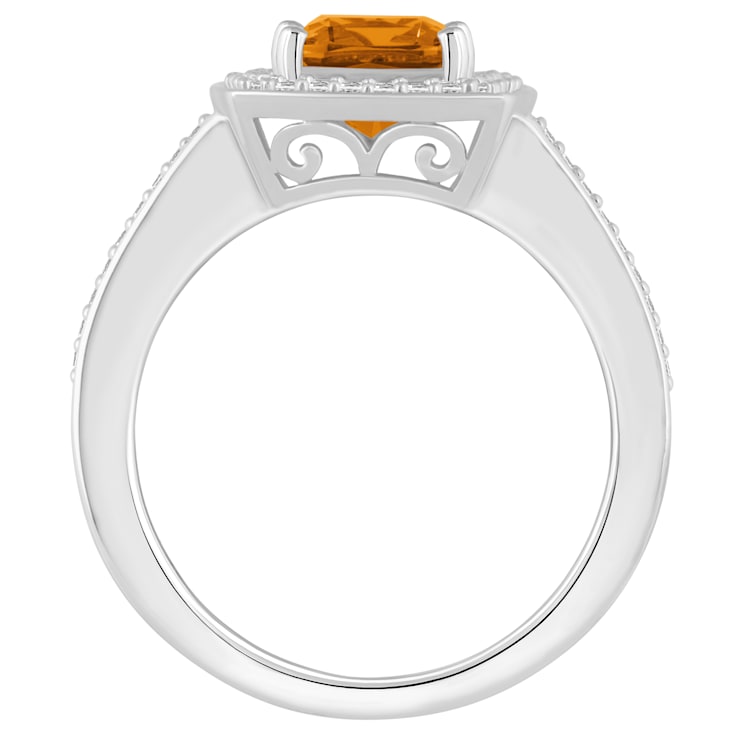 7mm Cushion Citrine 1/4 ctw Diamond Rhodium Over Sterling Silver Halo Ring