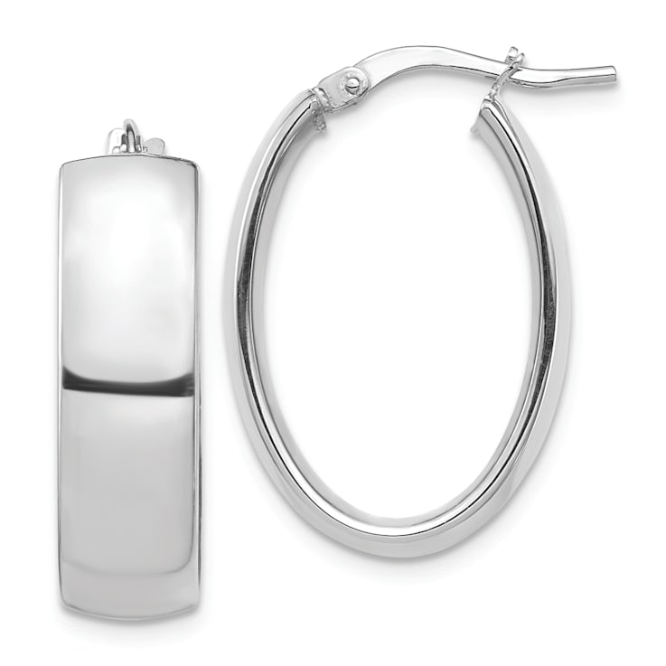 Rhodium Over 14k White Gold High Polished 1" Oval Hoop Earrings