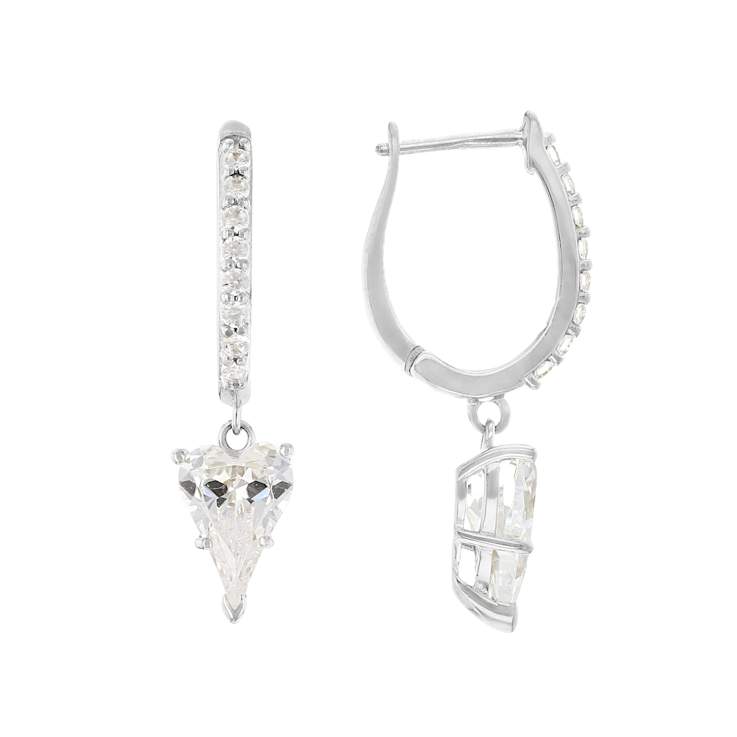 Heart CZ Dangle Hoop Earrings In Sterling Silver