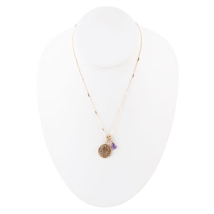 Barse Amethyst Aquarius Charm Necklace In Bronze