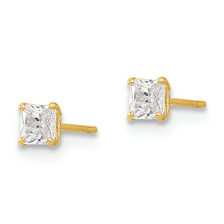 14K Yellow Gold 3mm Square Cubic Zirconia Basket Set Stud Earrings
