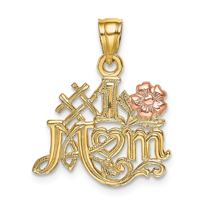 14K Yellow Gold and 14k Rose Gold Textured #1 MOM with Flower Charm
