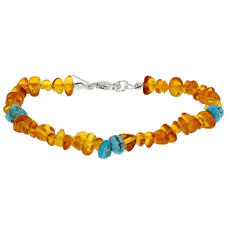 Amber And Turquoise Beaded Sterling Silver Bracelet