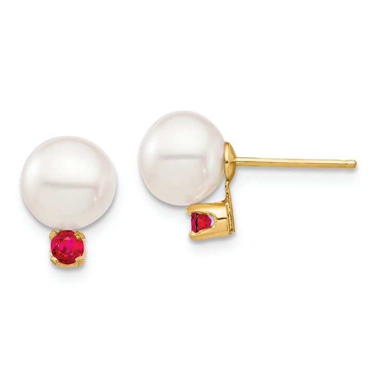 14K Yellow Gold 7-7.5mm White Round Freshwater Cultured Pearl Ruby Post Earrings