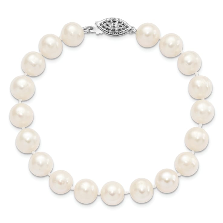 Rhodium Over Sterling Silver 8-9mm White Freshwater Cultured Pearl Bracelet