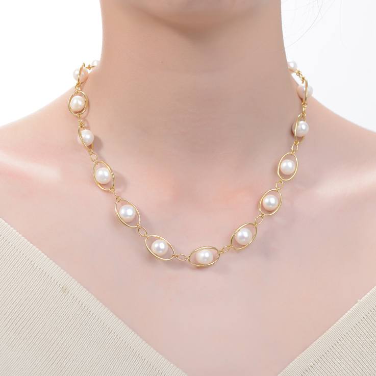 Freshwater Pearl And CZ Link Necklace In 14K Gold Over Sterling Silver