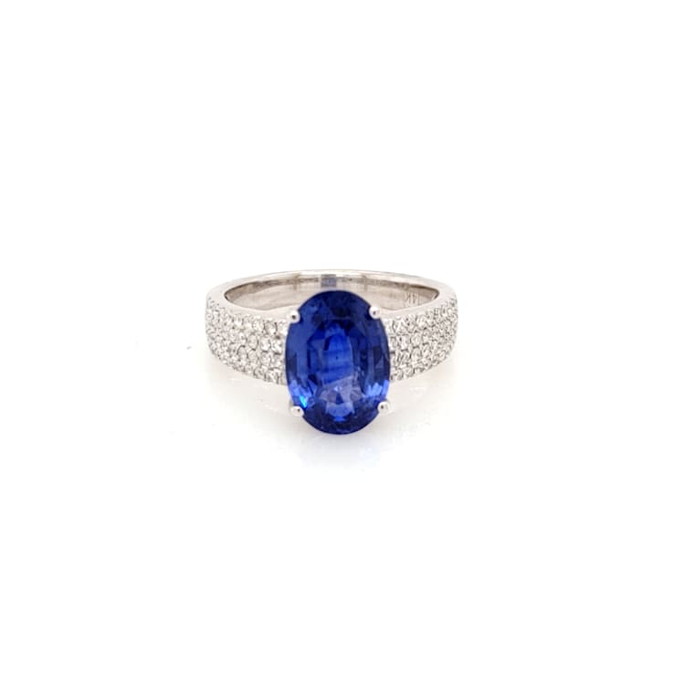 4.08 Ctw Blue Sapphire and 0.56 Ctw White Diamond Ring in 14K WG