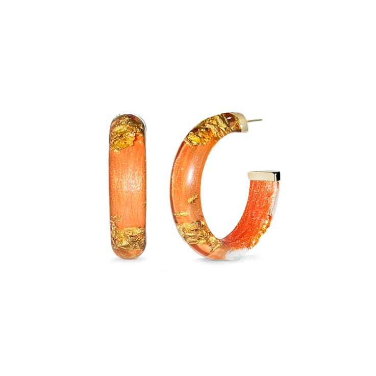 14K Yellow Gold Over Sterling Silver Small Gold Leaf Acrylic Hoops in Orange