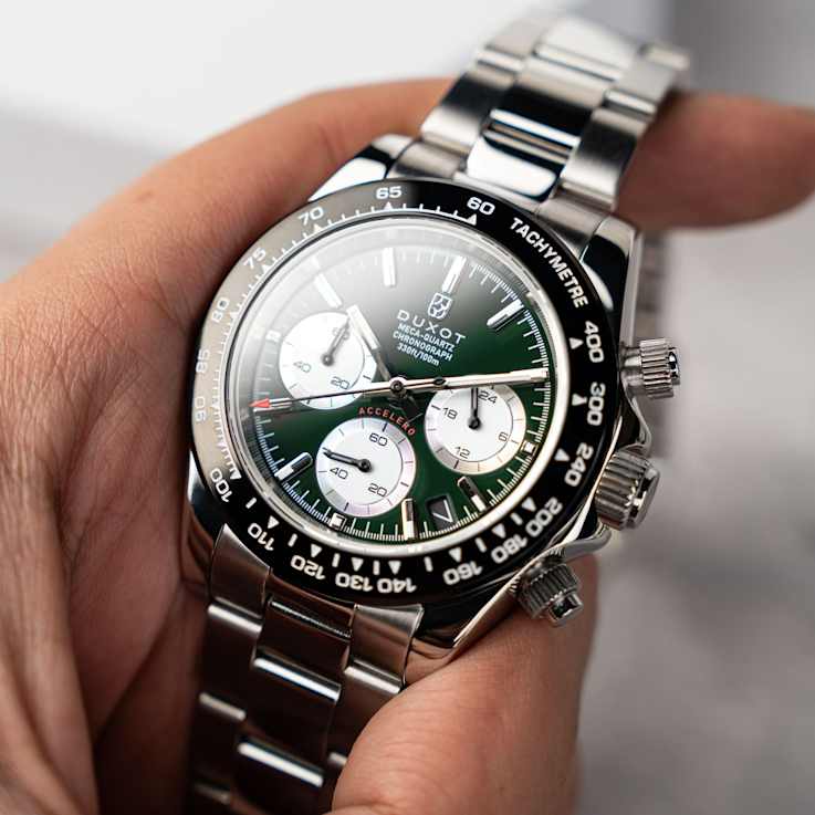 Duxot Accelero Green Dial Black Bezel White Stainless Steel Band
Chronograph Watch