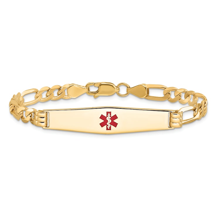 14k Yellow Gold Medical Soft Diamond Shape Red Enamel Flat Figaro Link
ID Bracelet