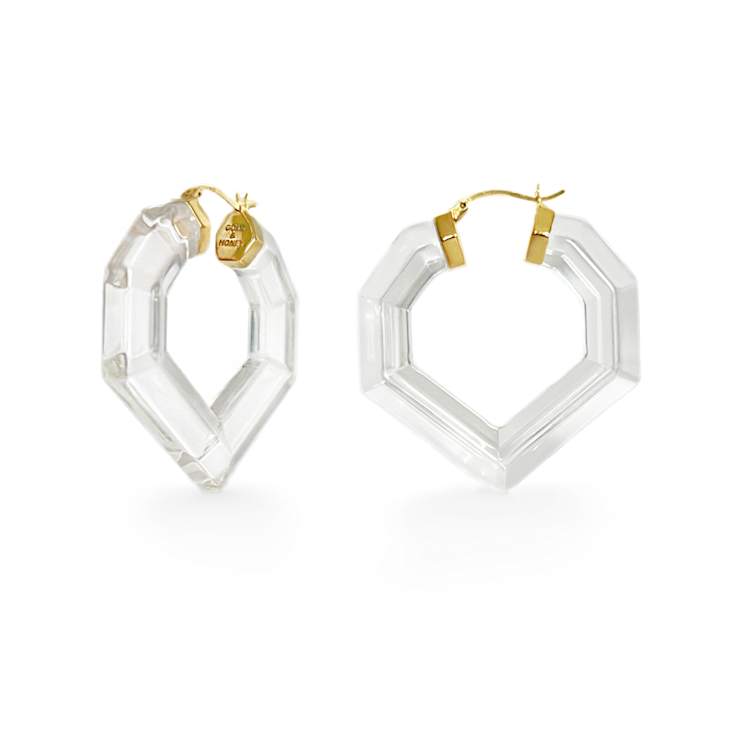 14K Yellow Gold Over Sterling Silver Heart Gem Acrylic Hoops in Clear