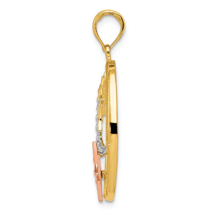 14K Tri-color Gold Textured Sun, Moon and Star Oval Pendant
