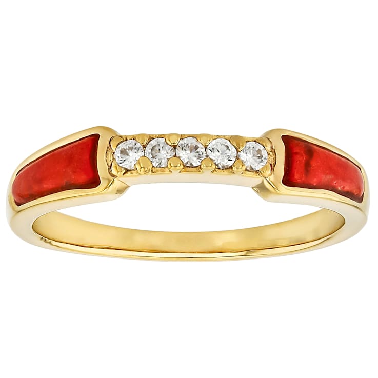 Red Sponge Coral Inlay And White Zircon Band Ring In 18K Gold Over
Sterling Silver 0.06ctw