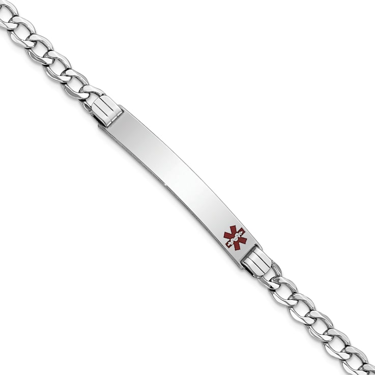 Rhodium Over 14k White Gold Medical Polished Red Enamel Curb Link ID Bracelet