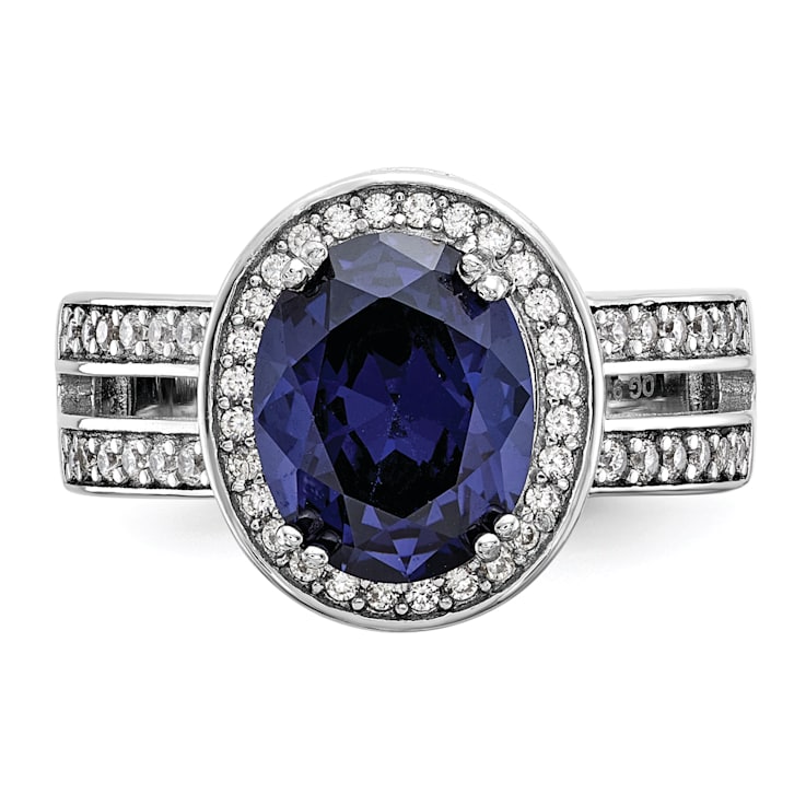 Rhodium Over Sterling Silver Polished Blue and White Cubic Zirconia Halo Ring