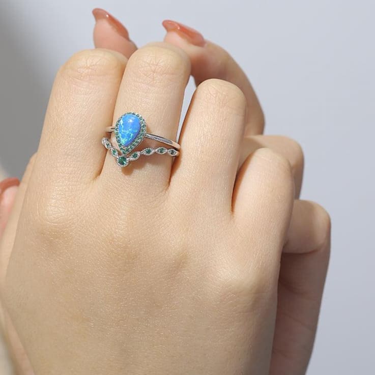 Lab Created Blue Opal and Green Nanocrystal Rhodium Over Sterling Silver
Stackable Ring and Band Set
