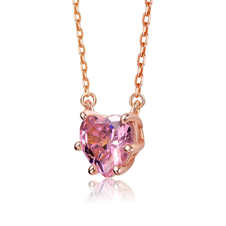 Heart-Shape Pink CZ Solitaire Necklace In 18K Rose Gold Over Brass