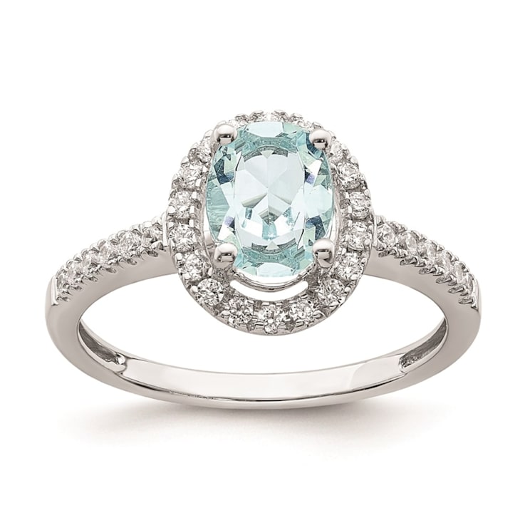 Rhodium Over 14K White Gold Aquamarine Diamond Halo Engagement Ring