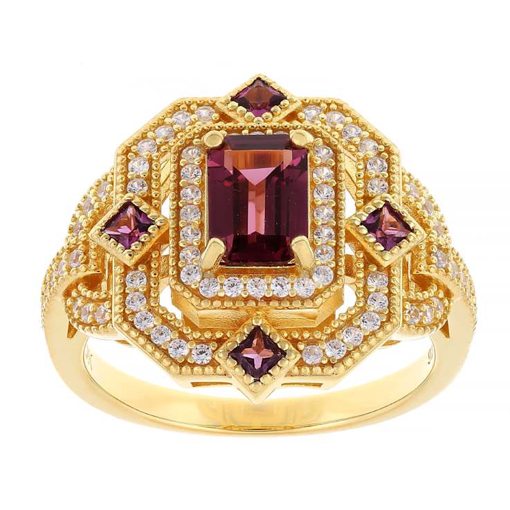Grape Color Garnet, Purple Rhodolite And White Zircon Ring In 18K Gold
Over Sterling Silver 2.06ctw