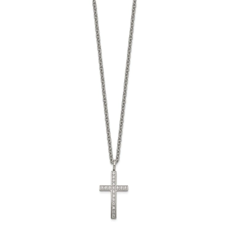White Cubic Zirconia Stainless Steel Men's Cross Pendant With Chain