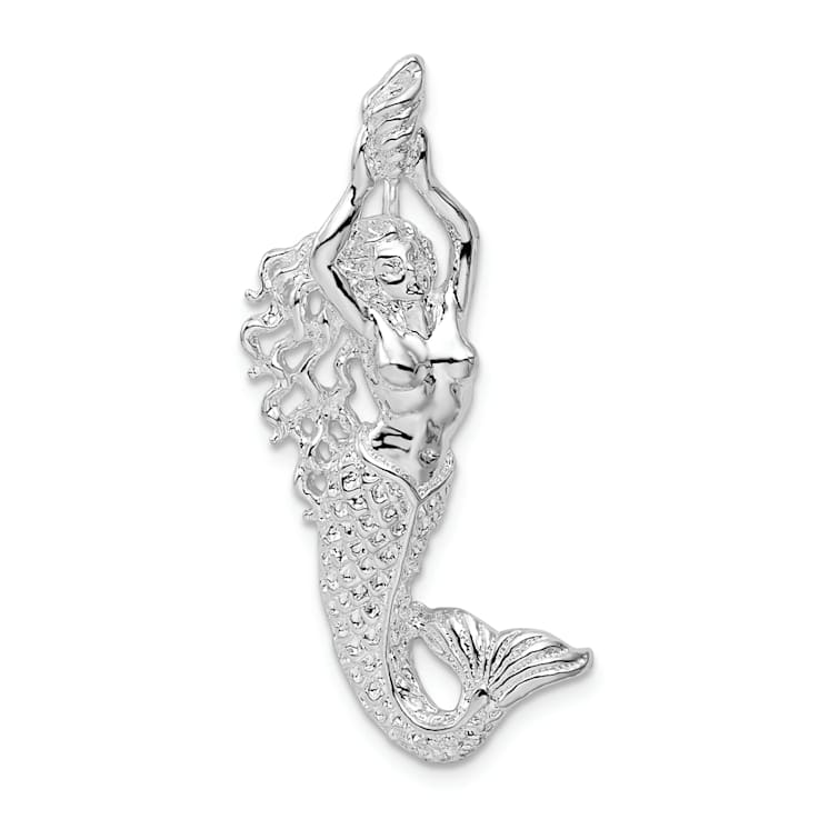 Rhodium Over Sterling Silver Polished Mermaid with Shell Slide Pendant