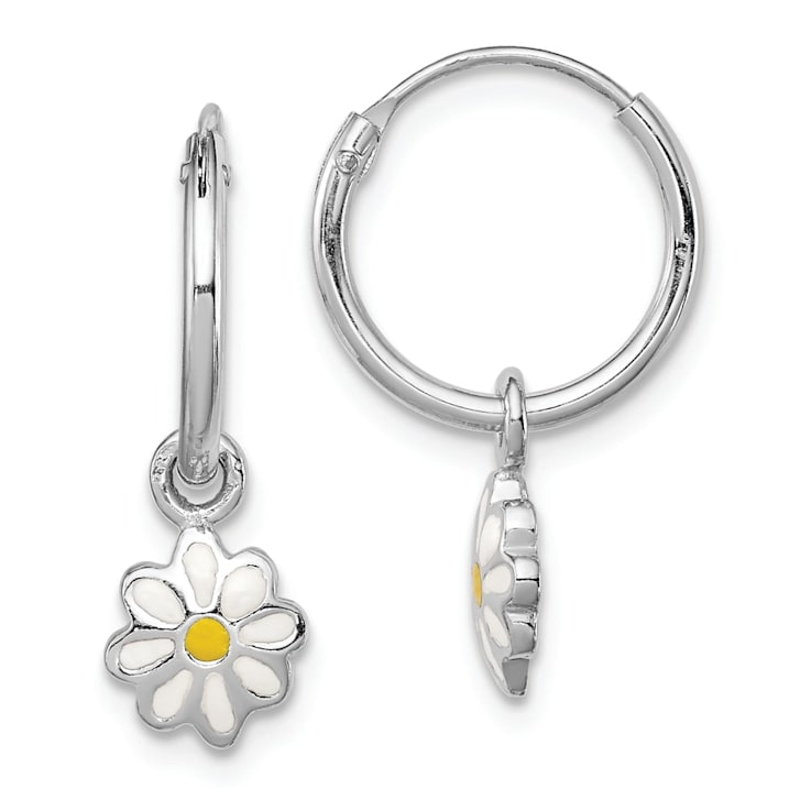 Rhodium Over Sterling Silver Enamel Daisy Children's Round Hoop Earrings