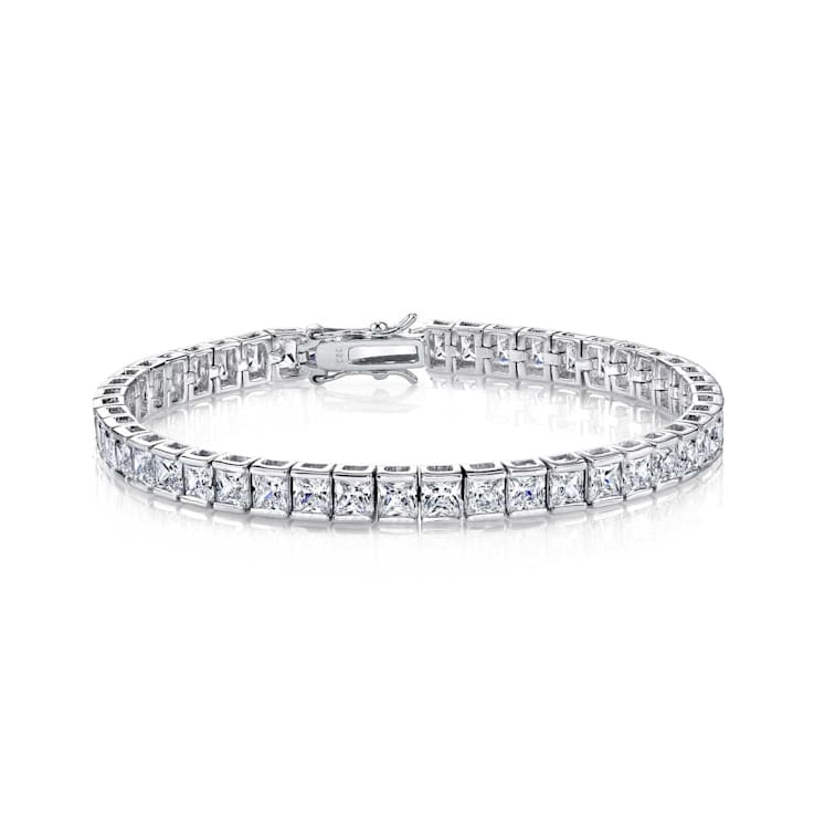 Square-Cut CZ Tennis Bracelet In Rhodium Over Brass