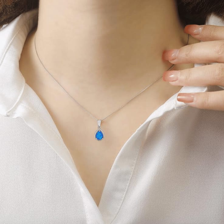 Teardrop Shape Lab Created Blue Opal with Cubic Zirconia Accents Necklace