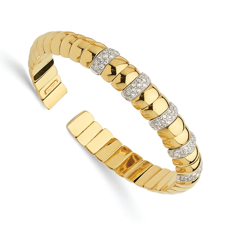 14K Yellow Gold Diamond Polished Cuff Bangle 0.85ctw