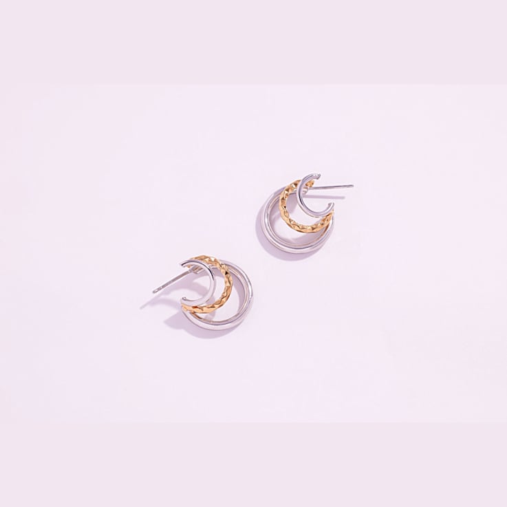 Rhodium Over Sterling Silver Two-Tone Triple Hoops
