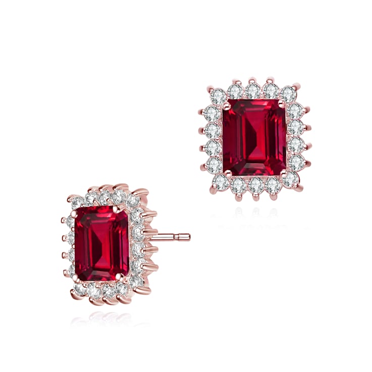 Ruby Color CZ Square Halo Stud Earrings In 18K Rose Gold Over Brass