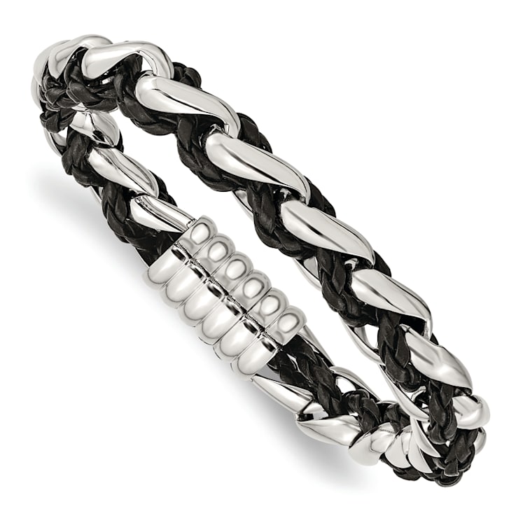 Black Leather and Stainless Steel Polished 8-inch Bracelet