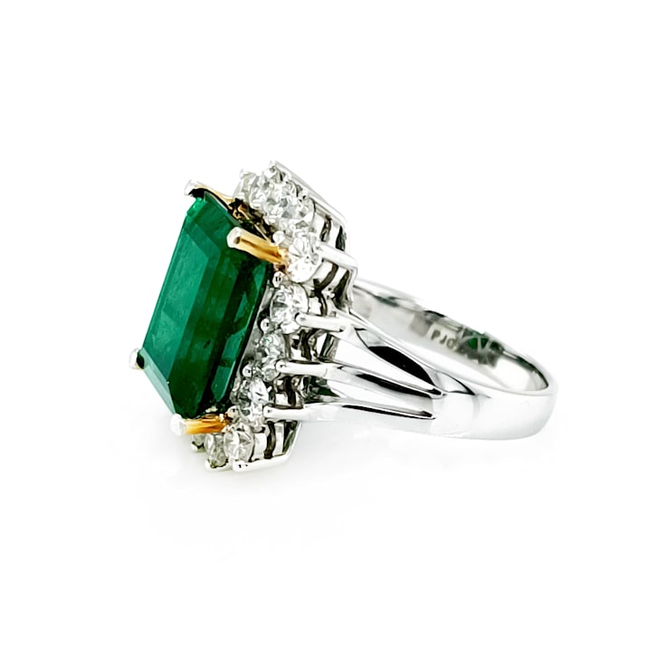 7.01 Ctw Emerald and 2.72 Ctw White Diamond Ring in 18K 2-Tone