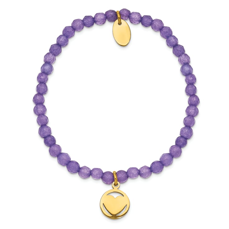 Yellow Stainless Steel Polished Heart Light Purple Jade Stretch Bracelet