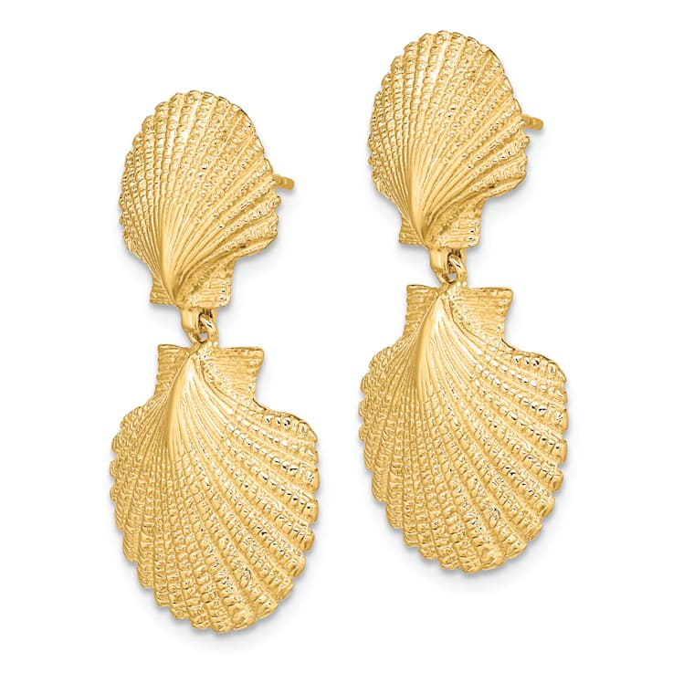 14K Yellow Gold Textured Double Scallop Dangle Earrings