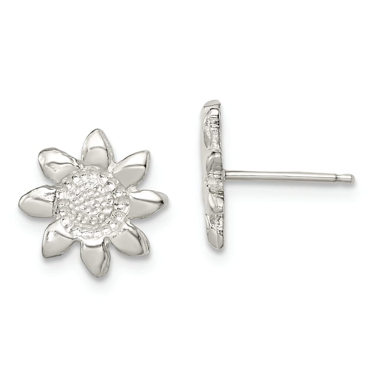 Rhodium Over Sterling Silver Polished and Textured Sunflower Post Earrings