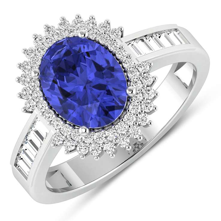 14K White Gold Violet Tanzanite and White Diamond Oval Halo Ring 1.93ctw