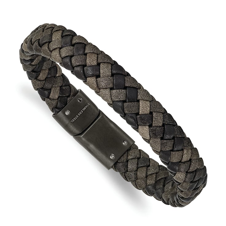 Brown Leather and Stainless Steel Brushed Gun Metal IP-plated 8.25-inch Bracelet