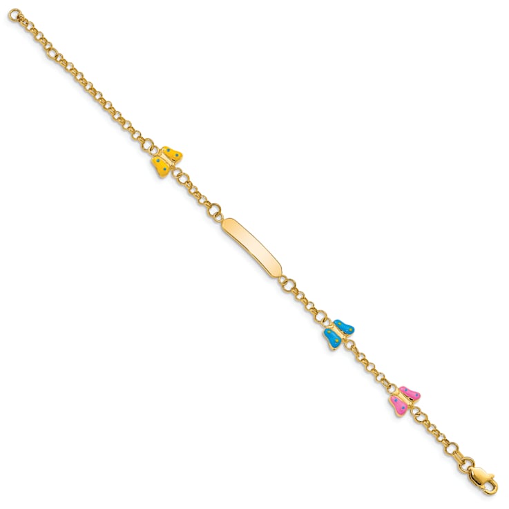 14k Yellow Gold Children's Enameled Butterflies ID Bracelet