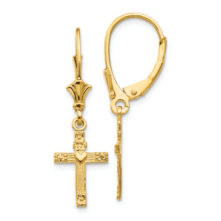 14k Yellow Gold Mini Cross with Heart Dangle Earrings