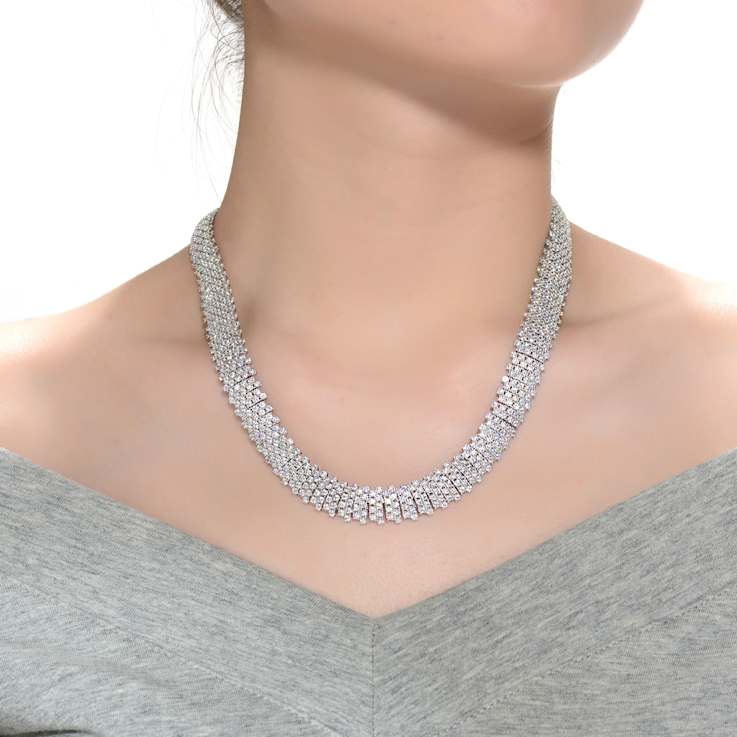 Linear Pave CZ Statement Necklace In White Rhodium Over Brass