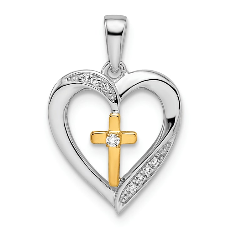 14K Yellow and White Gold Heart with Cross Diamond Pendant