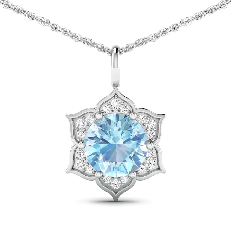 1.90ctw 14K White Gold Aquamarine and White Diamond Pendant with 18 inch
Cable Chain