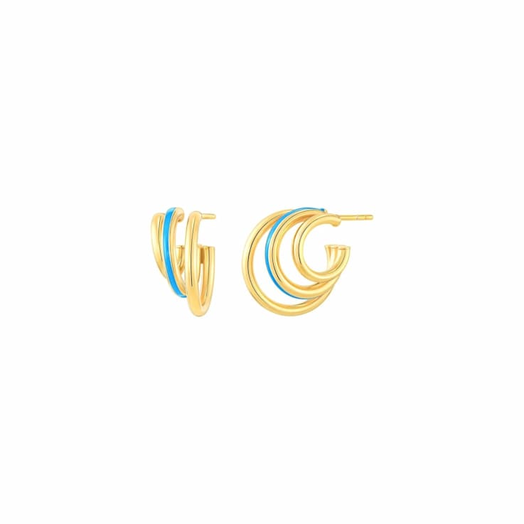 14K Yellow Gold Over Sterling Silver Enamel Triple Hoop Earrings in Teal