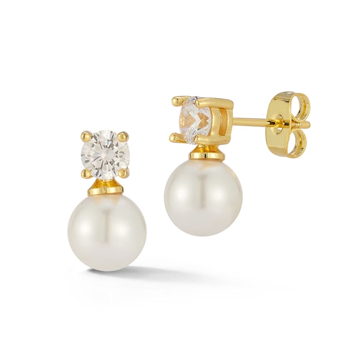 Rachel Zoe Simulated Pearl and CZ Drop Earrings in 14K Gold Over Brass