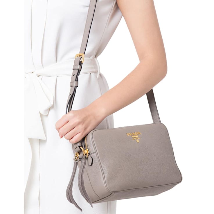 Prada Argilla Grey Vitello Phenix Leather Double Zip Crossbody Bag 1D70XA