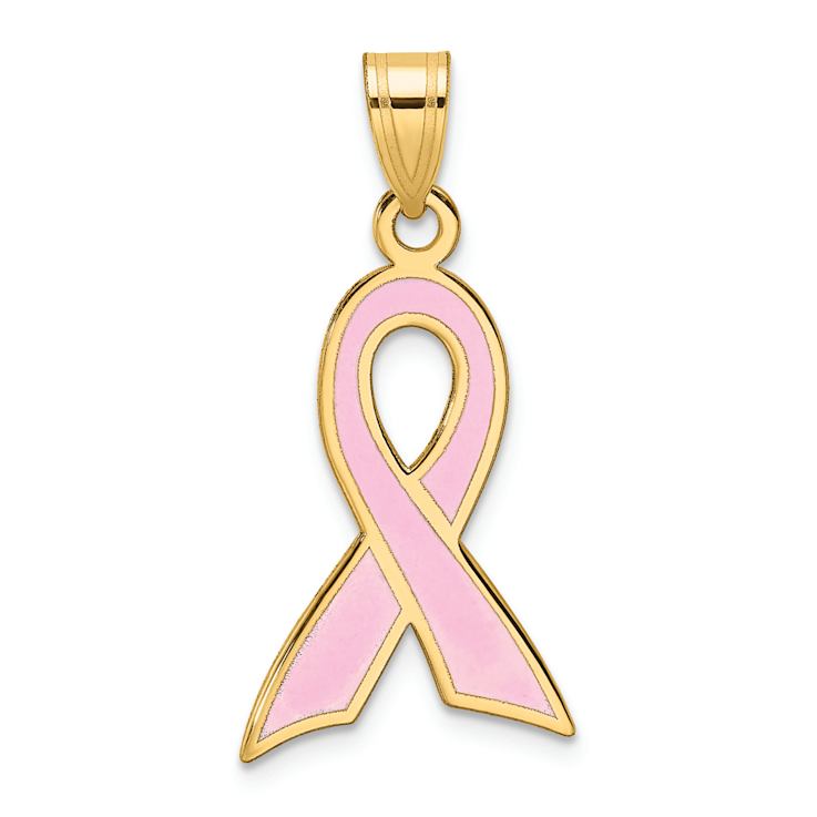 14k Yellow Gold Large Enameled Pink Awareness Ribbon Pendant