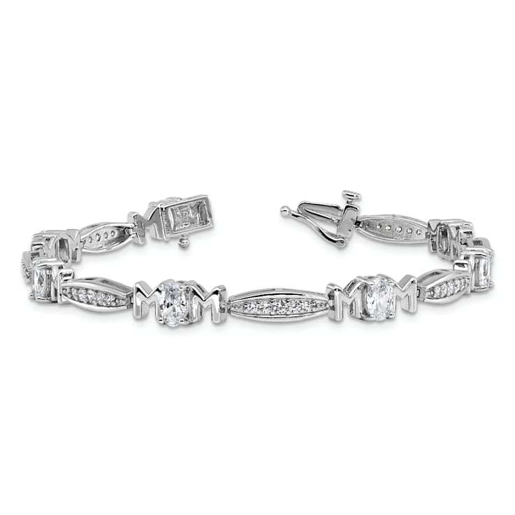 Rhodium Over Sterling Silver Cubic Zirconia Mom with Safety Clasp Bracelet