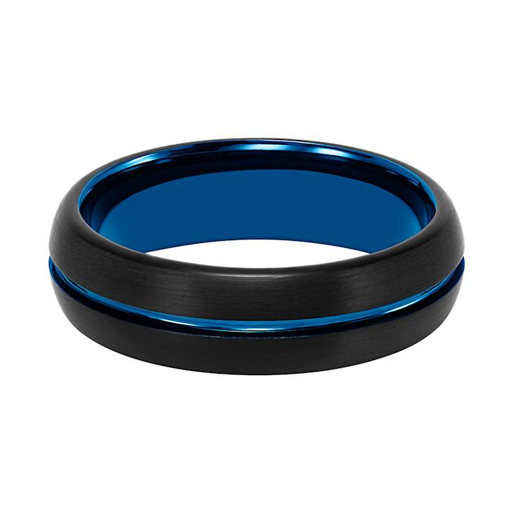 6.5mm Comfort Fit Band in Black and Blue Tungsten Carbide with Brushed Finish